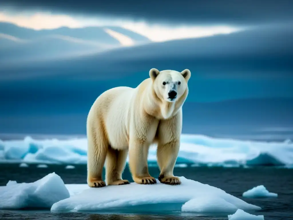 Un oso polar solitario llora en un iceberg derritiéndose, bajo un cielo tormentoso en el Ártico