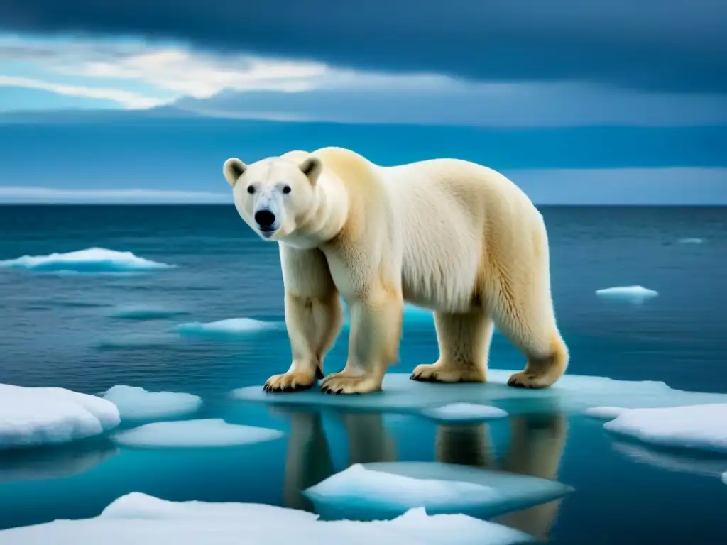 Un oso polar solitario en un témpano de hielo derritiéndose, testigo poético del cambio climático