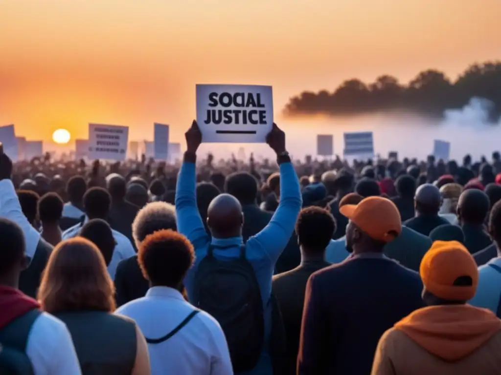 Manifestación pacífica al atardecer con poesía inspiradora sobre igualdad y justicia