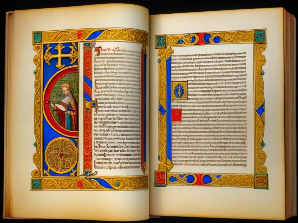 Una página intrincada de un manuscrito iluminado del Renacimiento Carolingio con caligrafía ornamental y colores vibrantes