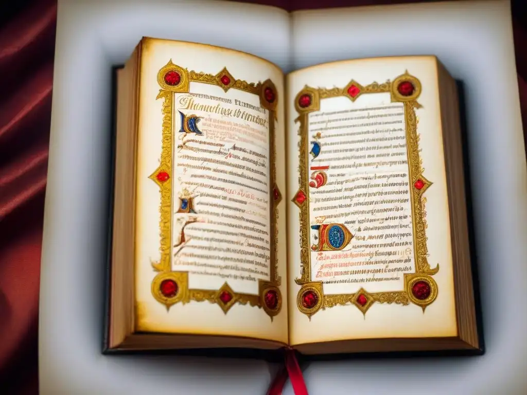 Página medieval iluminada con poema y adornos dorados Una página de manuscrito iluminado con poesía medieval rodeada de detalles en hoja de oro y motivos florales, reflejando su legado artístico