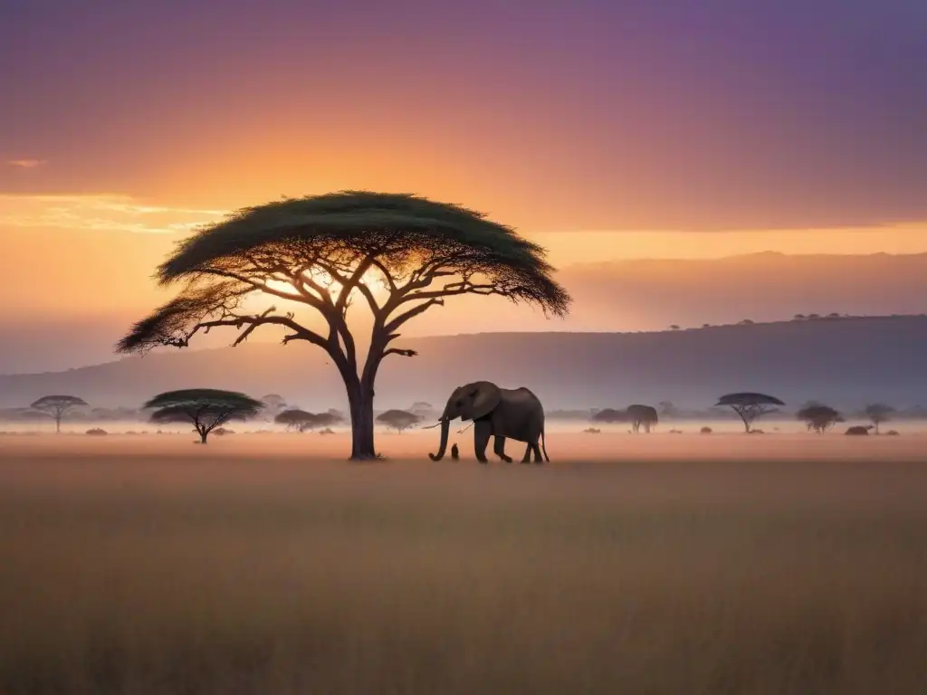 Un paisaje africano sereno al atardecer, con una acacia solitaria en silueta y un cielo vibrante