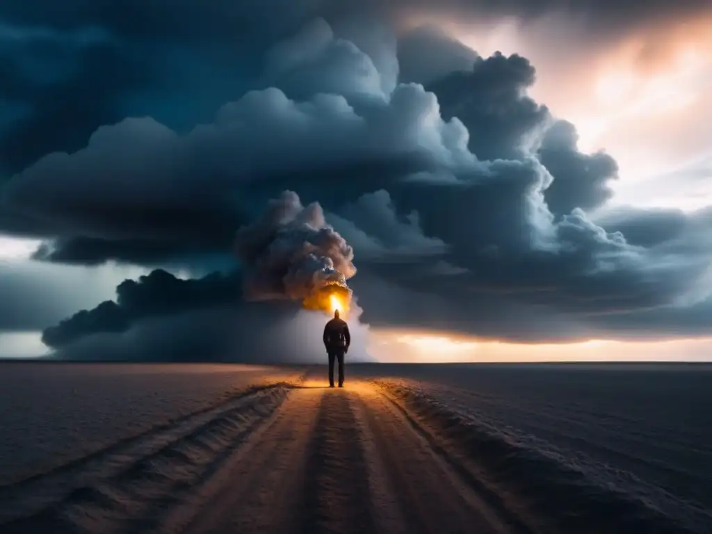 En un paisaje árido y vasto, una figura solitaria sostiene una antorcha titilante bajo nubes tormentosas