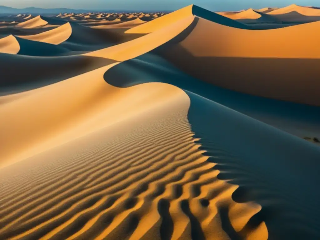 Un paisaje desértico expansivo bajo el sol abrasador, con dunas extensas que se pierden en el horizonte