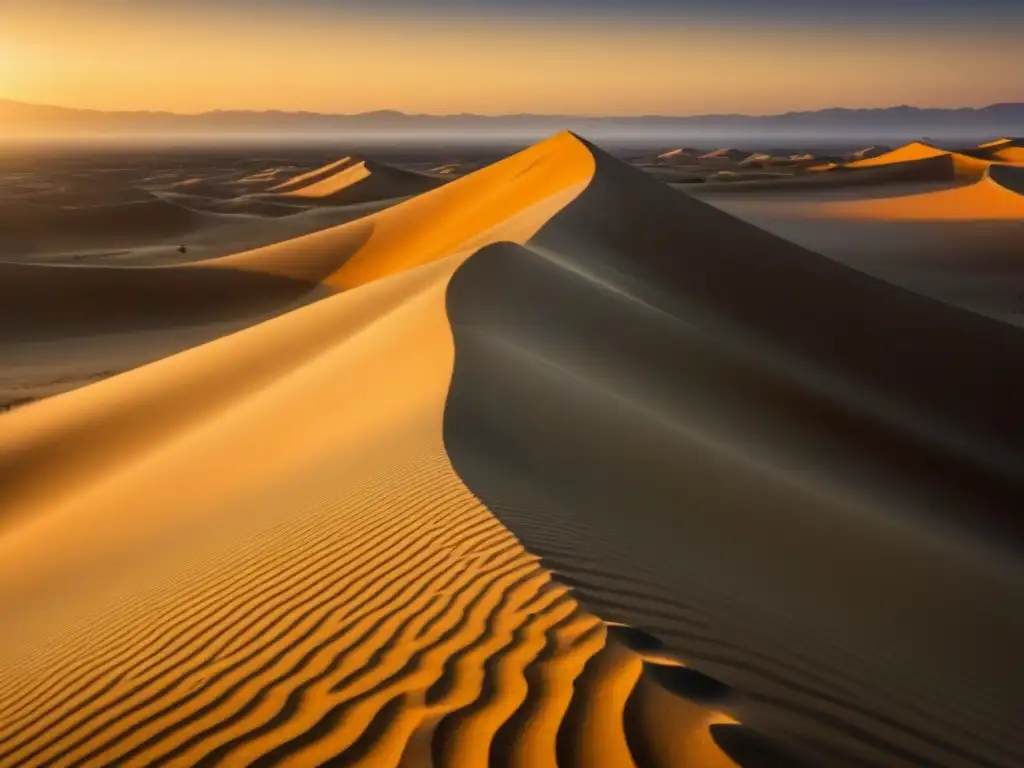 Un paisaje desértico bajo un suave atardecer dorado, reflejando la poesía contra erosión y desertificación