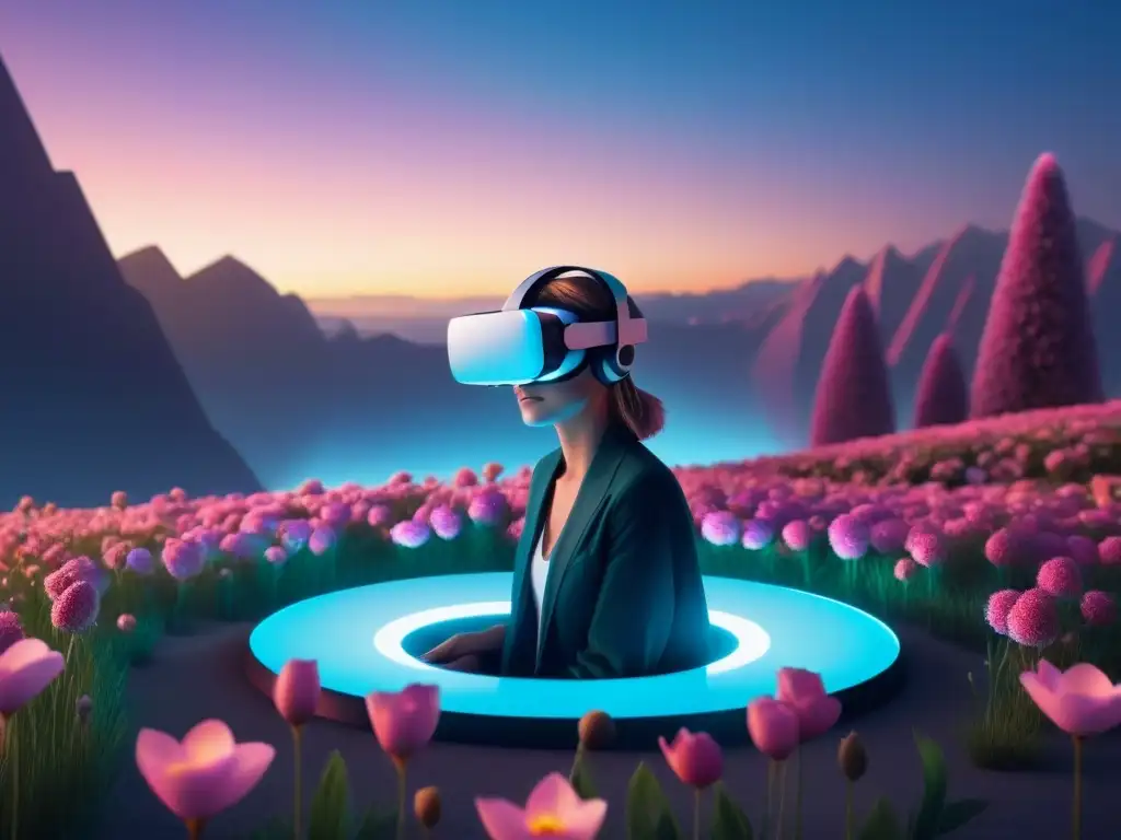 Un paisaje futurista sereno con un auricular de realidad virtual flotando, iluminando flores digitales y formas geométricas