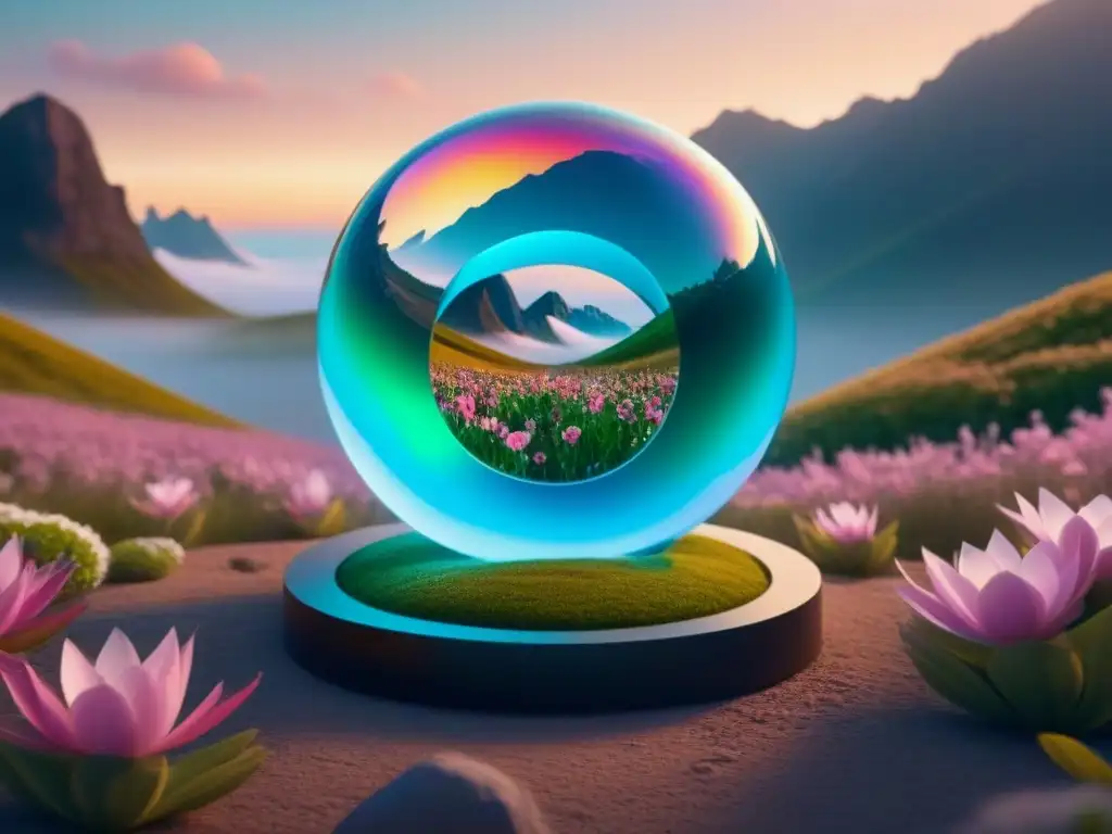 Poética realidad virtual en paisaje futurista Un paisaje futurista sereno con poesía en Realidad Aumentada sobre flores virtuales