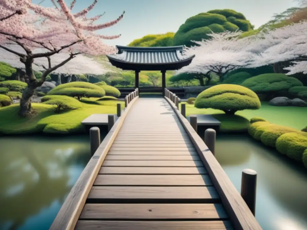 Paisaje zen japonés con puente de madera y cerezos en flor, inspirado en la poesía zen de Gary Snyder y la Generación Beat