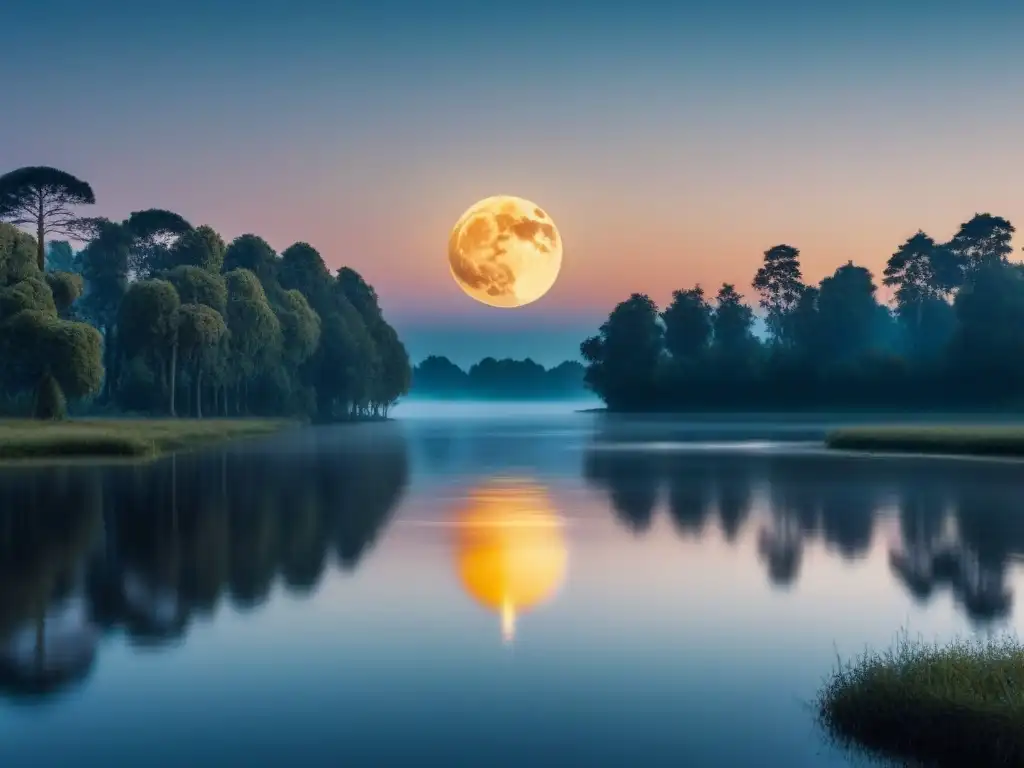 Paisaje lunar sereno con la luna reflejada en el agua, árboles siluetados en el horizonte