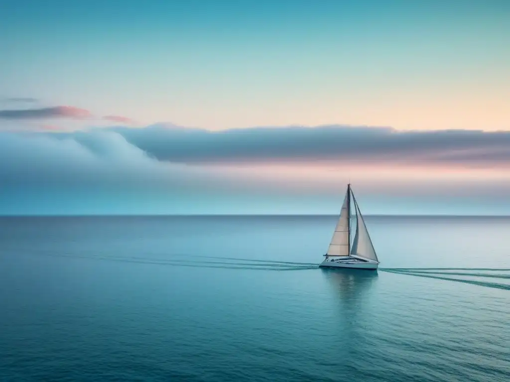 Un paisaje marino sereno con un velero solitario navegando bajo un cielo pastel, transmitiendo tranquilidad y emociones profundas