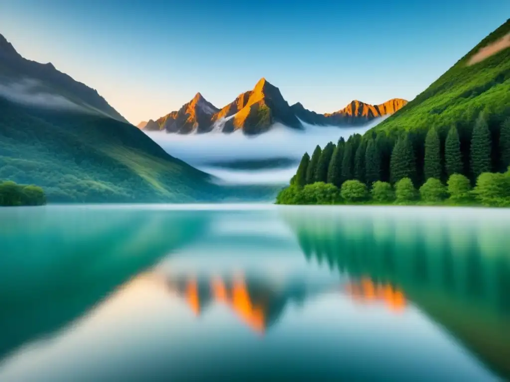 Paisaje montañoso sereno al amanecer con lago tranquilo reflejando colores pastel del cielo, rodeado de árboles verdes