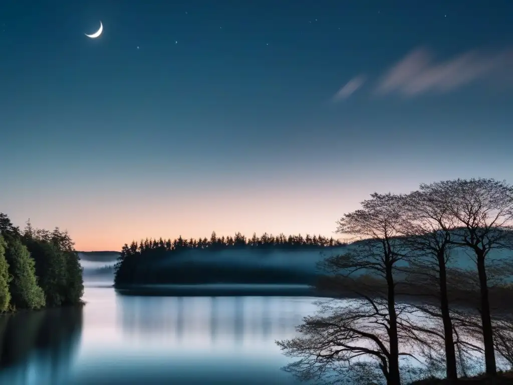 Un paisaje nocturno de ensueño con la luna creciente entre nubes, iluminando un lago sereno y árboles silueteados