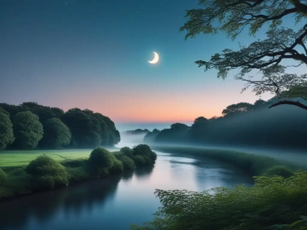 Un paisaje nocturno de serena belleza, con la luna creciente iluminando un río sereno y árboles siluetados