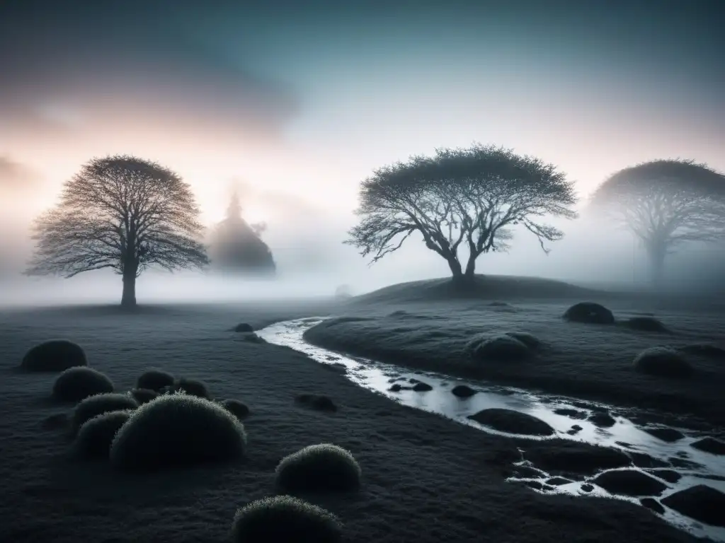 Paisaje onírico en blanco y negro con reloj derretido, árboles distorsionados y formas geométricas flotantes en neblina surrealista