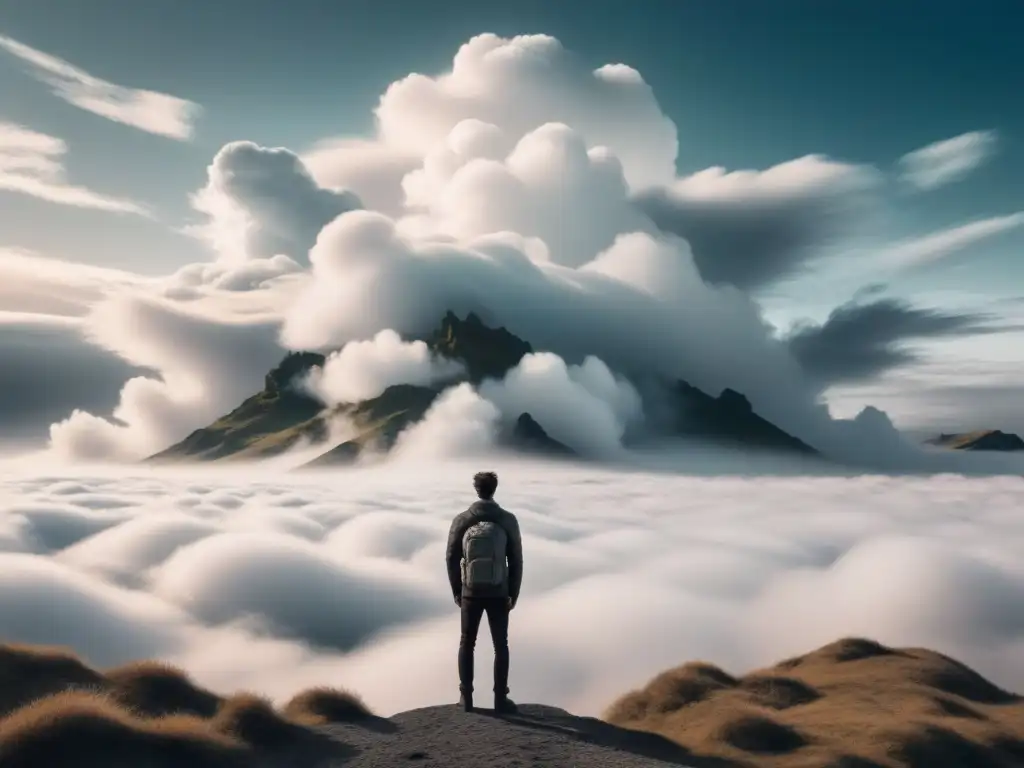 Un paisaje onírico en blanco y negro con una figura solitaria al estilo de Arthur Rimbaud entre nubes y objetos flotantes surrealistas, evocando su poesía revolucionaria y visionaria