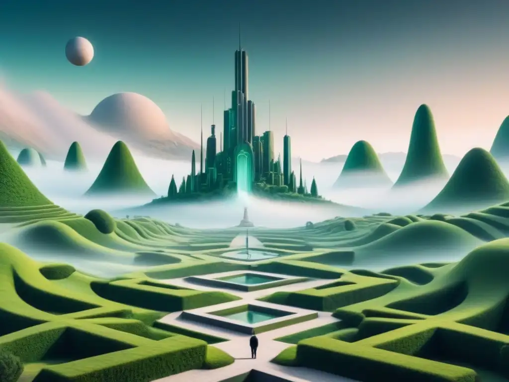 Paisaje onírico surrealista: geometría flotante y tiempo derretido Un paisaje onírico con elementos surrealistas que capturan la poesía surrealista de Roberto Matta