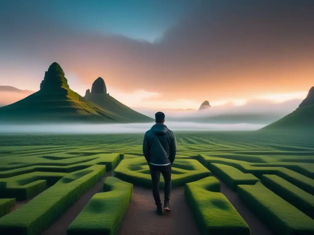 Figura misteriosa en paisaje onírico: arte en 8k Un paisaje onírico con figuras flotantes y perspectivas distorsionadas, inspirado en la poesía surrealista de Roberto Matta