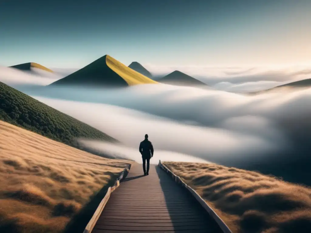 Paisaje surrealista con figuras geométricas flotantes Un paisaje onírico surrealista en blanco y negro con formas geométricas flotantes y una figura misteriosa