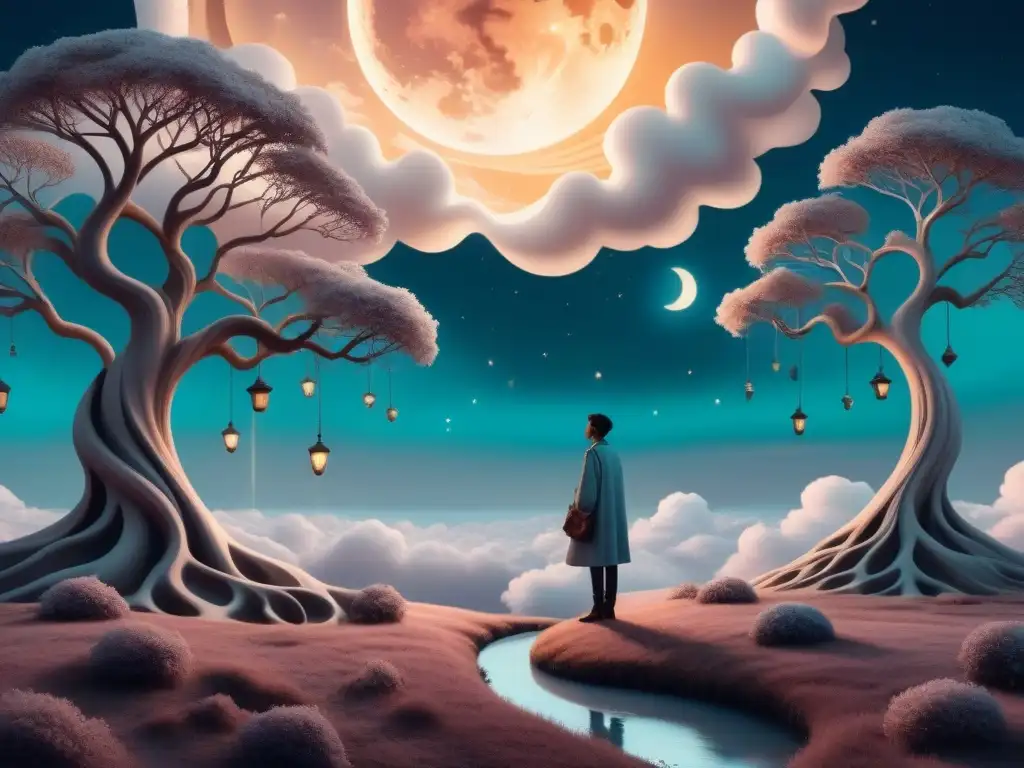 Paisaje onírico surrealista con relojes derretidos, árboles retorcidos y versos flotando en el cielo, iluminado por la luna