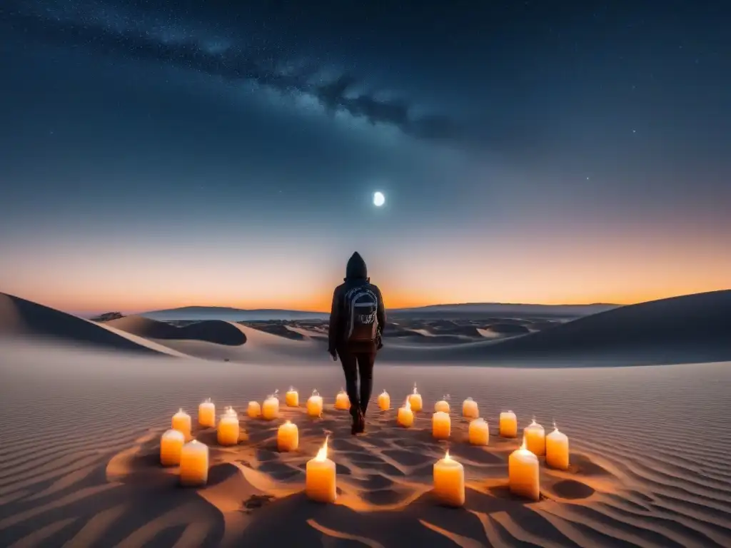 Un paisaje onírico surrealista con relojes flotantes, velas derretidas y figuras bailando en un desierto vacío bajo un cielo estrellado