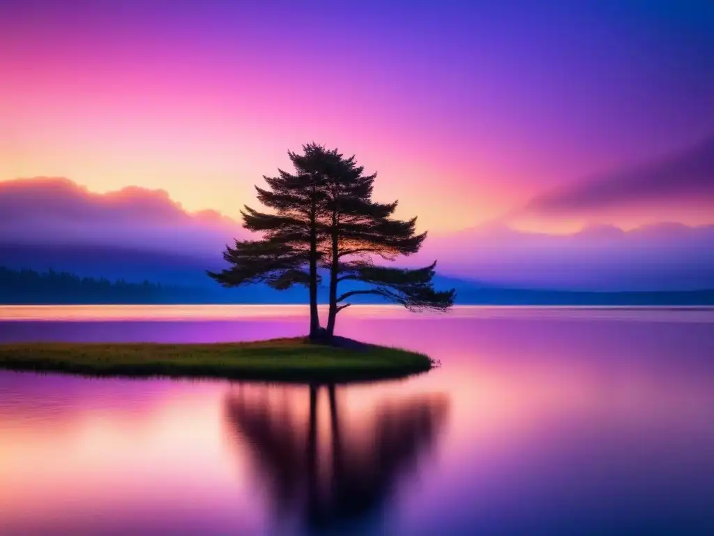 Paisaje poético: atardecer vibrante sobre lago tranquilo, reflejos de cielo en tonos rosados, anaranjados y morados