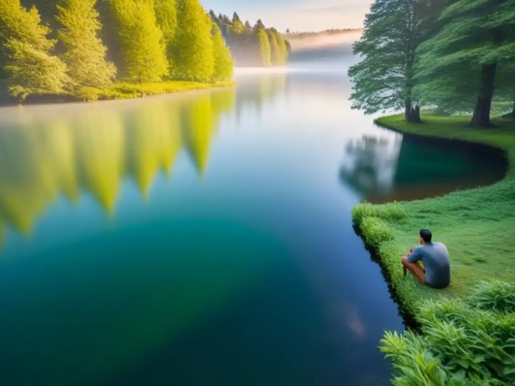 Un paisaje poético: figura solitaria en un lago sereno, rodeada de árboles verdes