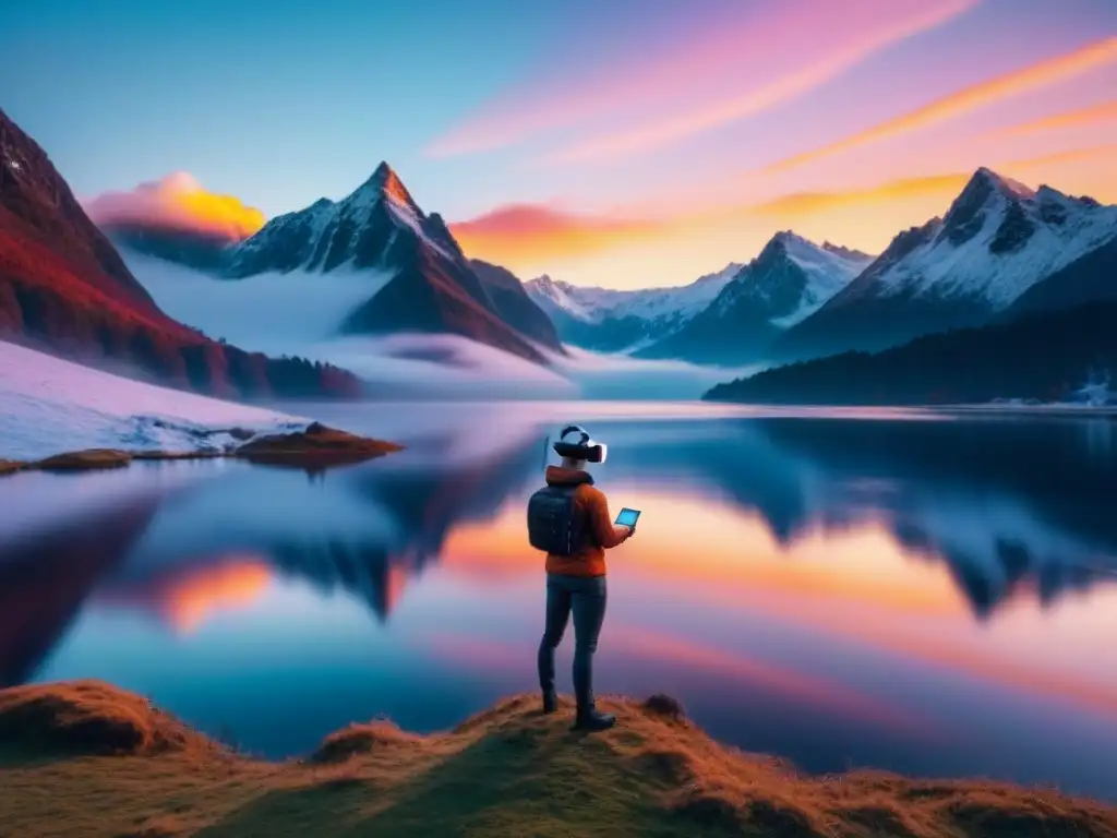 Un paisaje de realidad virtual en poesía: lago sereno, atardecer vibrante, montañas nevadas y figura solitaria con VR y tablet