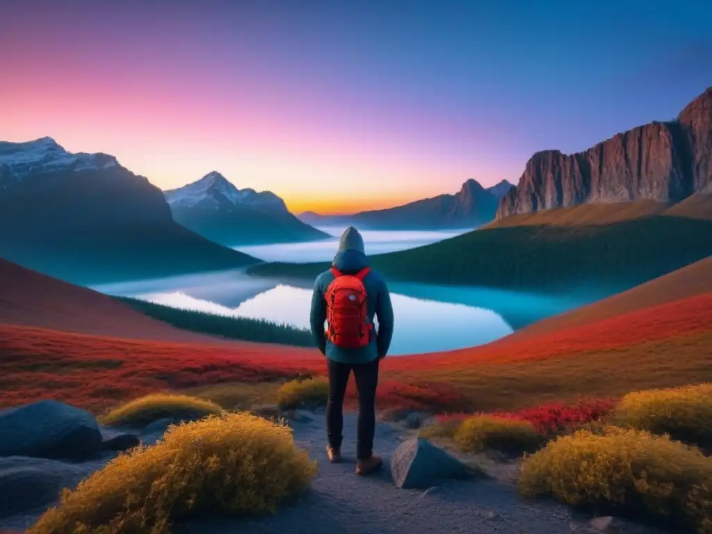 Un paisaje salvaje de una naturaleza virgen, con montañas imponentes y un lago sereno reflejando el atardecer