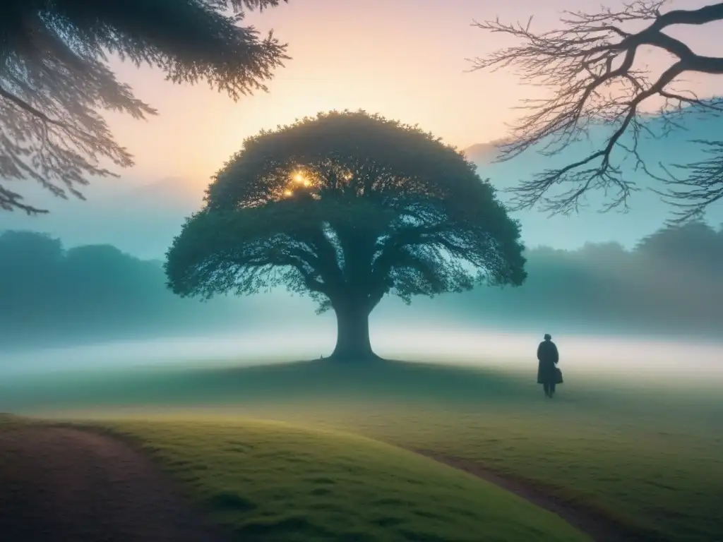 Un paisaje sereno al atardecer con una figura solitaria bajo un árbol majestuoso, iluminado por una luz etérea