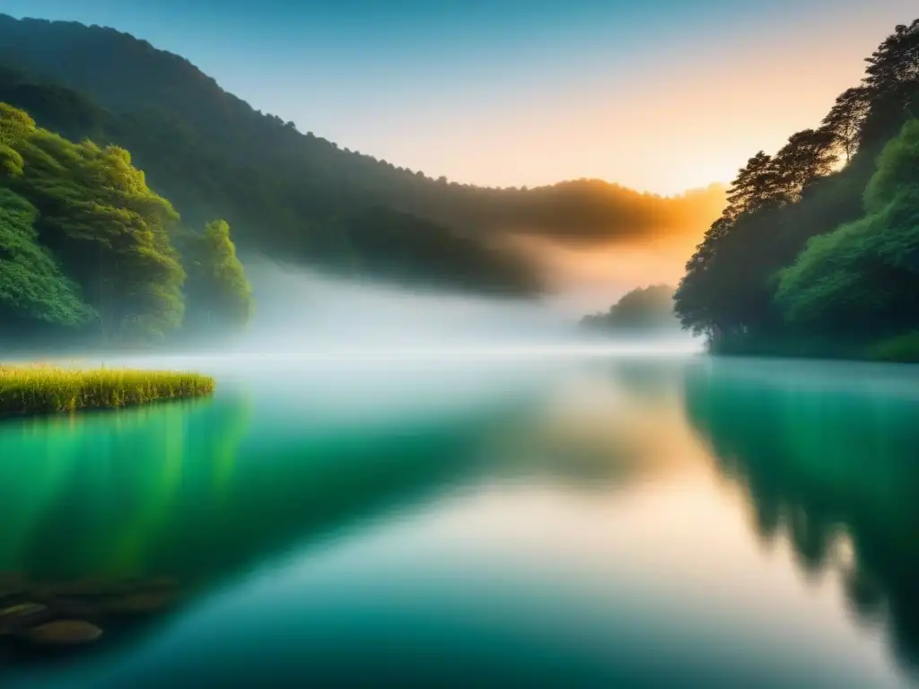 Paisaje sereno al atardecer en un lago, rodeado de árboles verdes, reflejando paz y poesía generada por inteligencia artificial