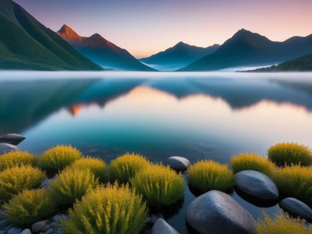 Un paisaje sereno al atardecer, con un lago tranquilo reflejando los tonos pastel del sol poniente