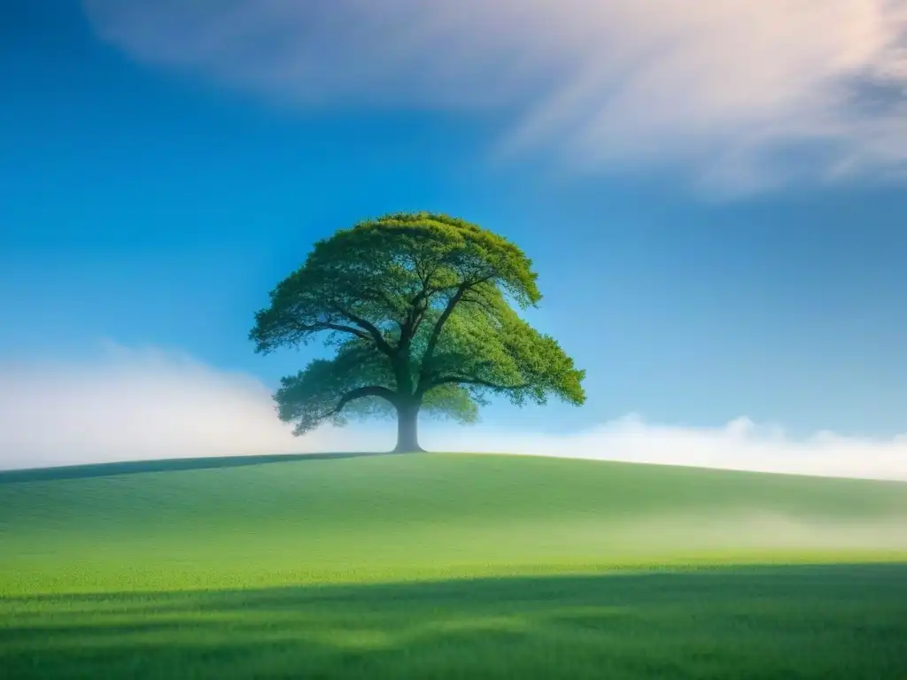 Un paisaje sereno de campo verde y cielo azul, con un árbol solitario proyectando sombra