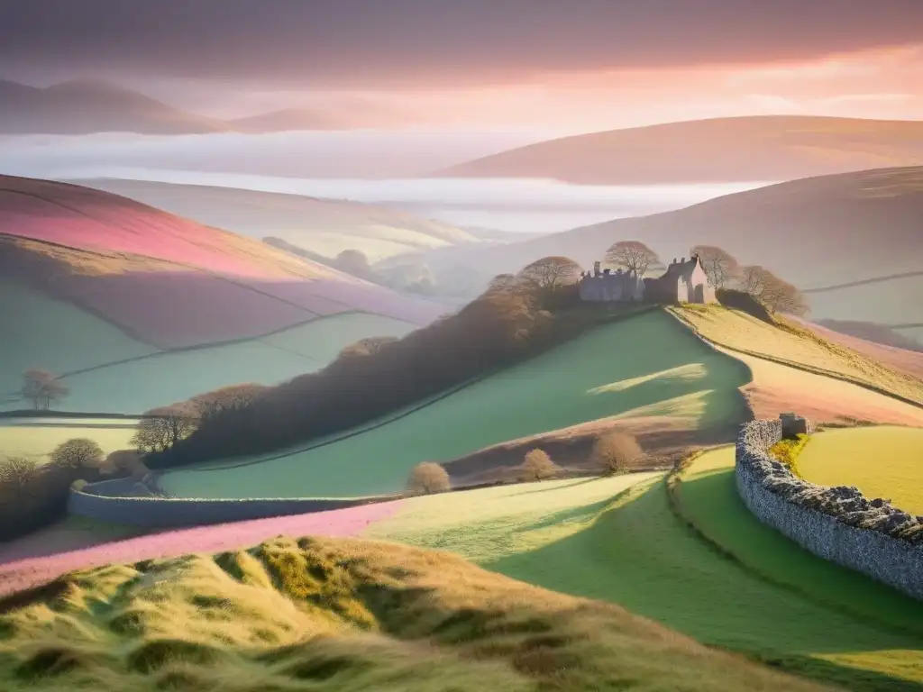 Paisaje sereno al amanecer en Escocia, colinas verdes, muro de piedra, aldea entre árboles