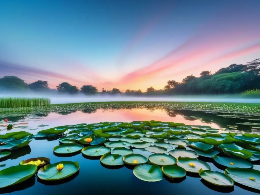 Paisaje sereno de un estanque tranquilo reflejando colores vibrantes del atardecer, rodeado de vegetación y nenúfares