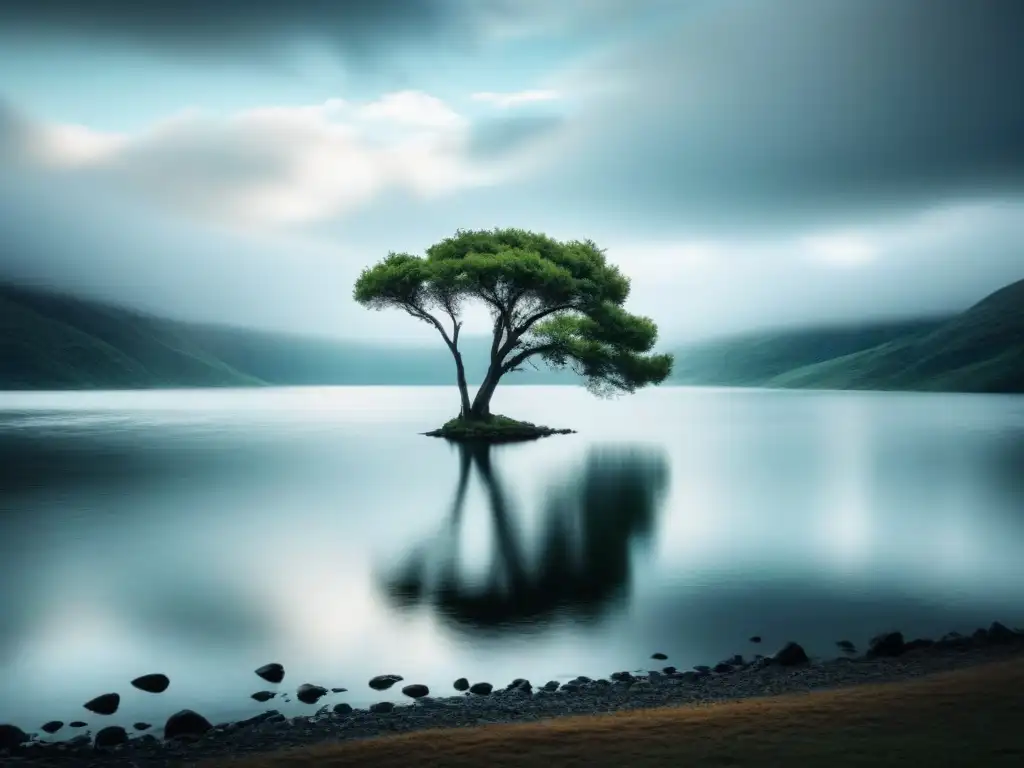 Un paisaje sereno y expansivo en blanco y negro con colinas, lago y árbol solitario