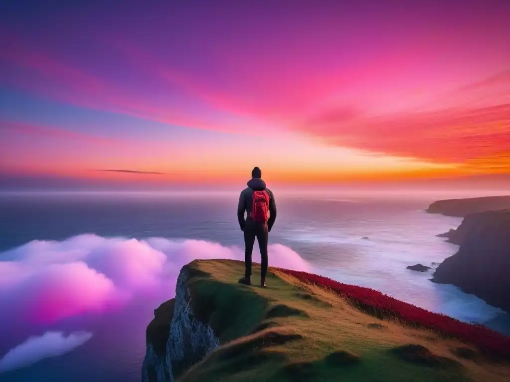 Un paisaje sereno con una figura solitaria en un acantilado contemplando un vibrante atardecer sobre el mar