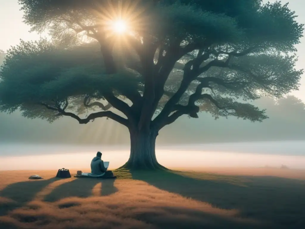 Un paisaje sereno con una figura solitaria bajo un árbol, rodeada de libros y herramientas de escritura