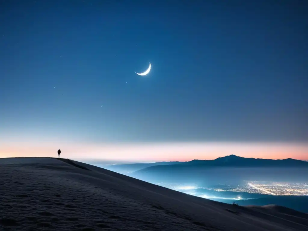 Un paisaje sereno iluminado por la tenue luz de la Luna creciente y una estrella fugaz, evocando el significado poético de la Luna