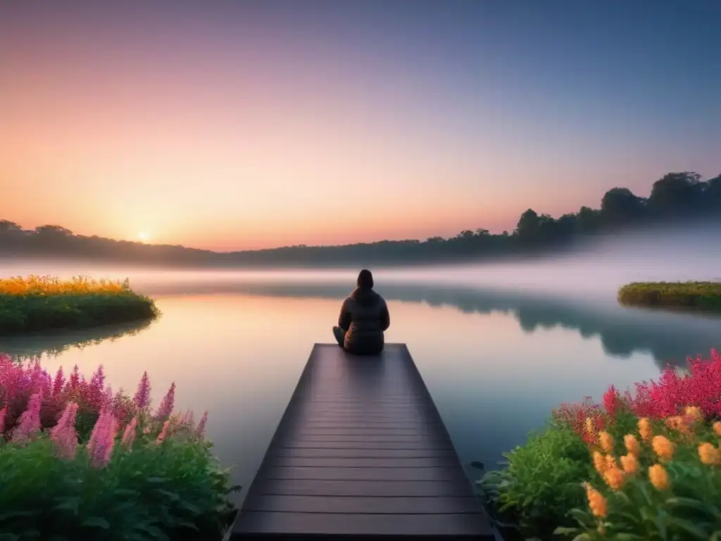 Paisaje sereno con lago reflejando un atardecer vibrante y rodeado de naturaleza exuberante