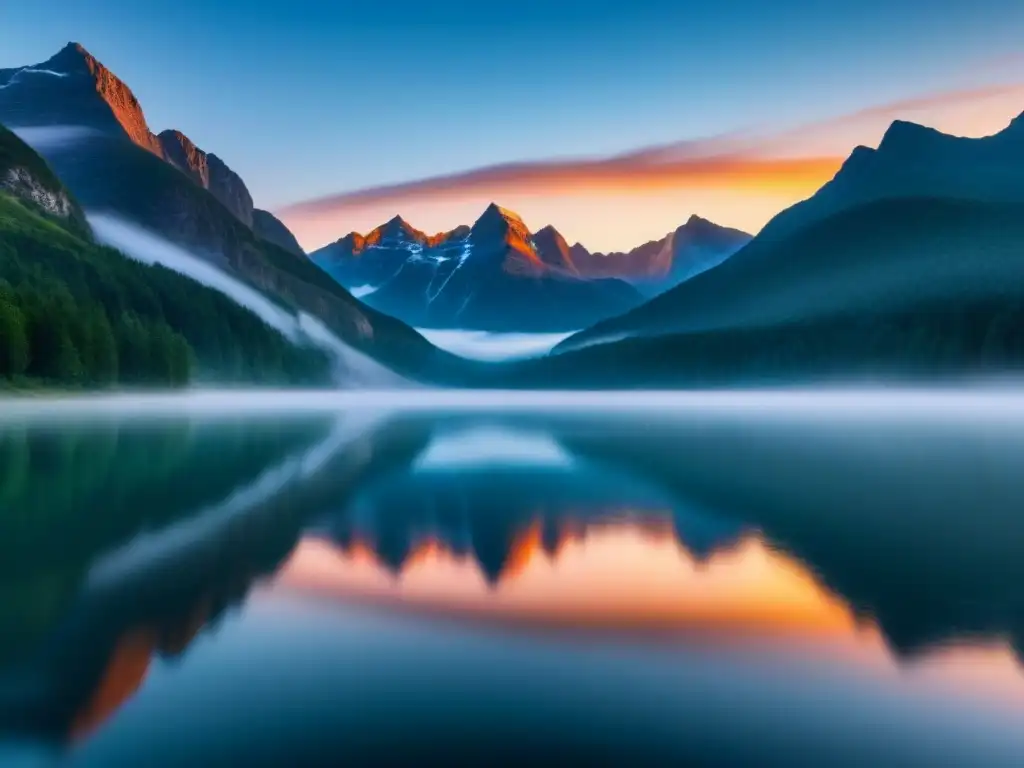 Paisaje sereno al amanecer con lago reflejando el cielo, sol saliendo entre montañas