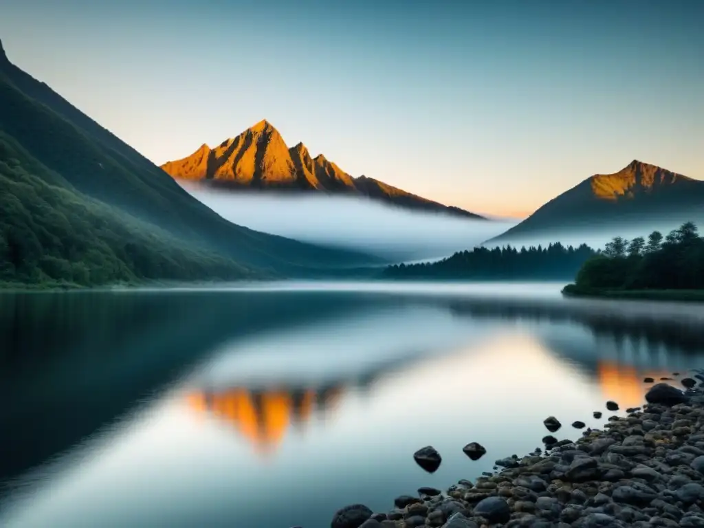 Paisaje sereno con lago, montaña y cielo despejado