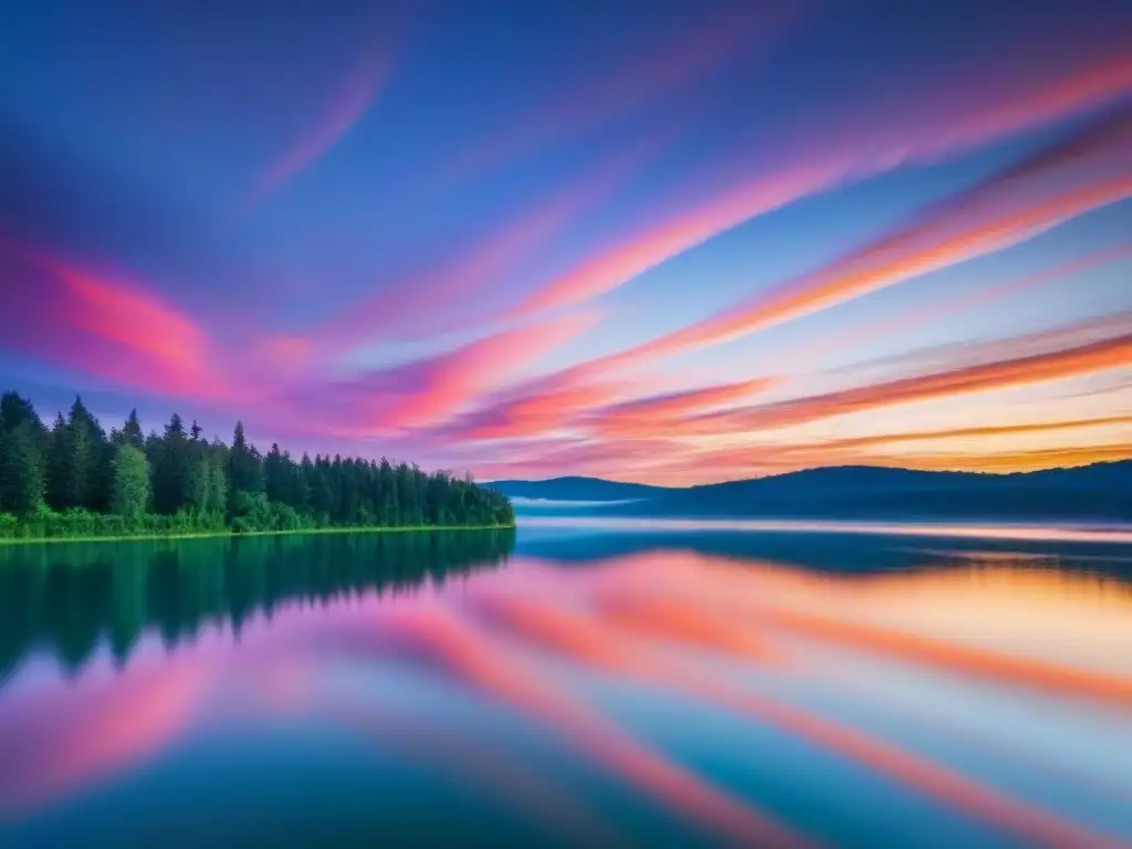 Paisaje sereno de un lago reflejando el cielo al atardecer, rodeado de vegetación exuberante