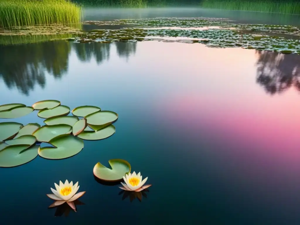 Paisaje sereno de un lago cristalino reflejando los colores vibrantes del atardecer, rodeado de árboles verdes y lirios en el agua