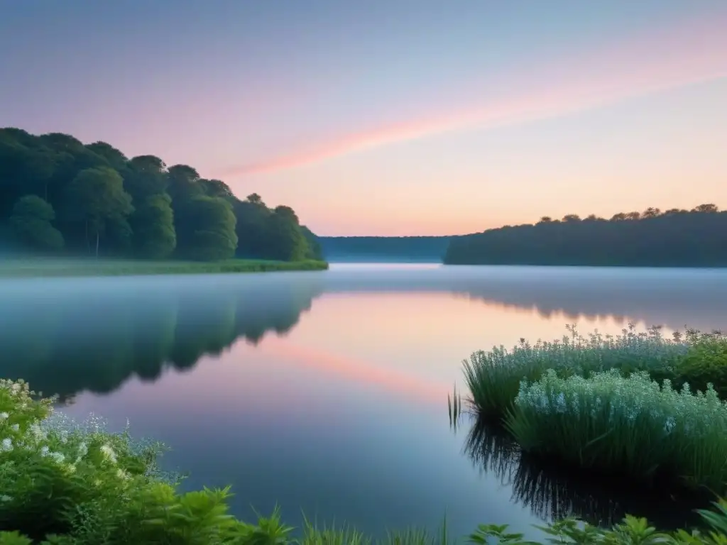 Paisaje sereno al amanecer con lago y flores, inspirando transformación personal a través de la poesía