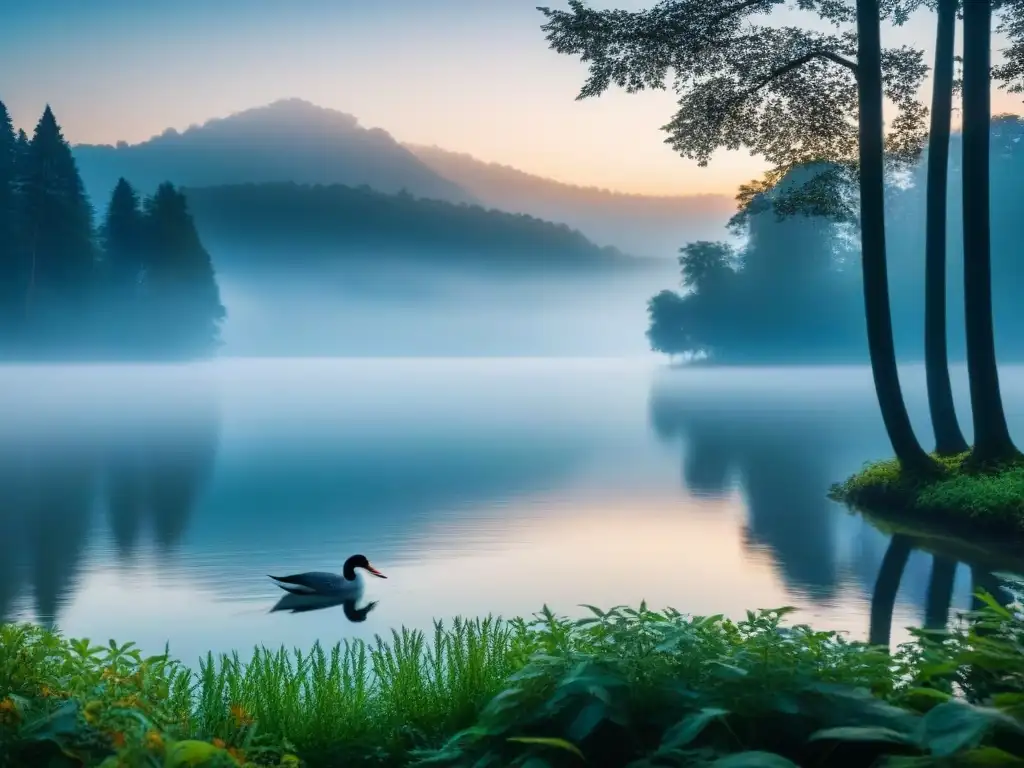 Paisaje sereno al amanecer con lago, reflejo del sol, aves y vegetación