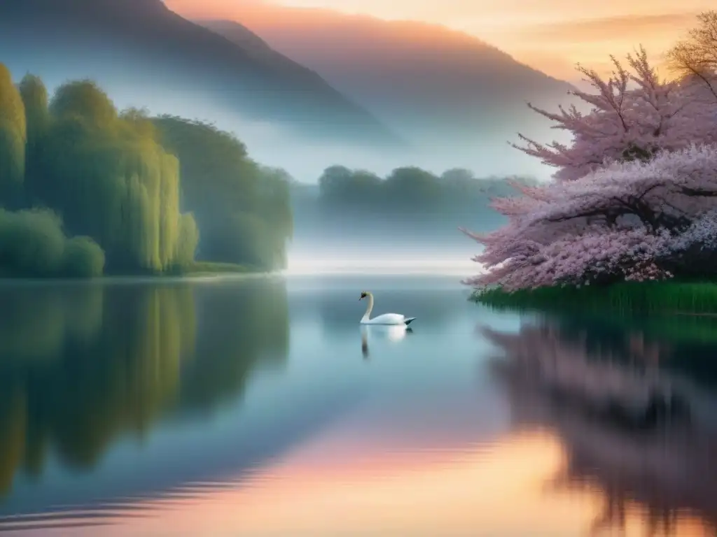 Un paisaje sereno con un lago tranquilo reflejando el atardecer