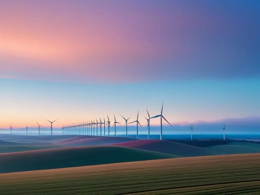 Paisaje sereno al amanecer con un parque eólico al fondo, mostrando elegancia y armonía