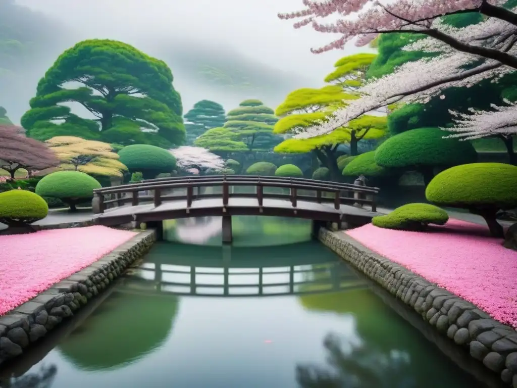 Paisaje sereno de un puente japonés de piedra rodeado de naturaleza exuberante y árboles de cerezo en flor