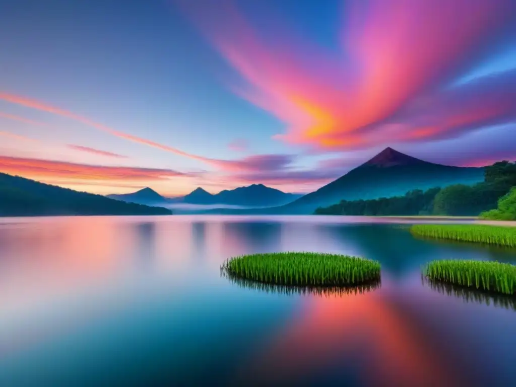 Un paisaje sereno reflejado en un lago al atardecer, rodeado de bosques y montañas distantes