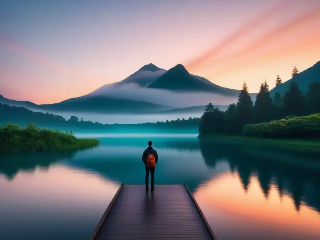 Un paisaje sereno con un vibrante atardecer sobre un lago tranquilo rodeado de vegetación, montañas y reflejos simétricos